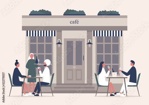 Summer cafe terrace, people drinking coffee and champagne outside on a sidewalk