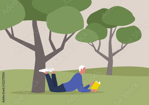 Young male character reading a book under the tree, summer recreation, outdoor, forest or park landscape