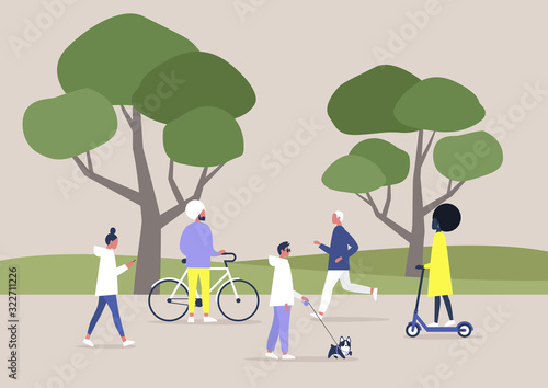 A diverse crowd of people walking and doing sports in a public space, summer outdoor leisure, recreation