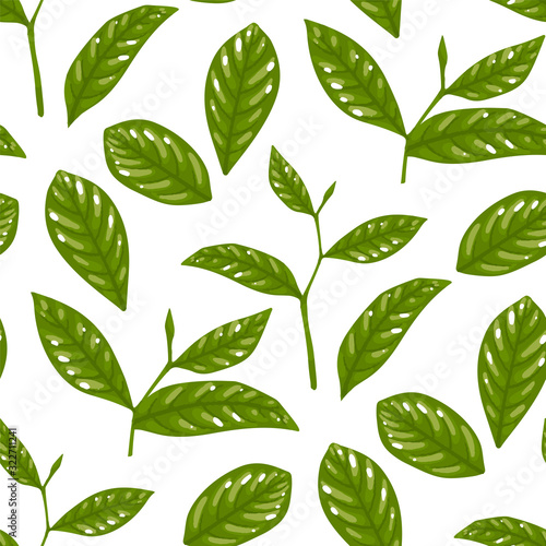 Vector repeated seamless pattern of green tea leaves.