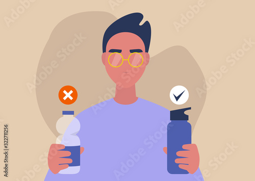 Conscious choice between plastic bottle and reusable water flask, eco friendly behavior, sustainability, zero waste