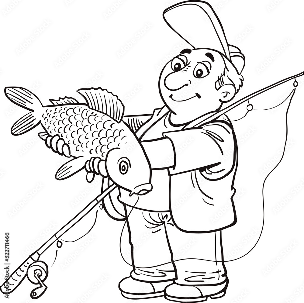 Fototapeta premium Happy fisherman character hold big fish. 
