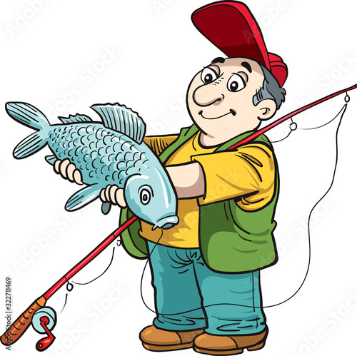Fisher cartoon character. Fishermen holding fishing rod with caught fish.