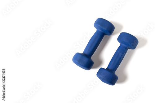 Blue dumbbells Isolated on white background. Top view. Copy space. 