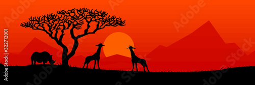 Silhouette vector with wild animal and ancient tree at sunset.