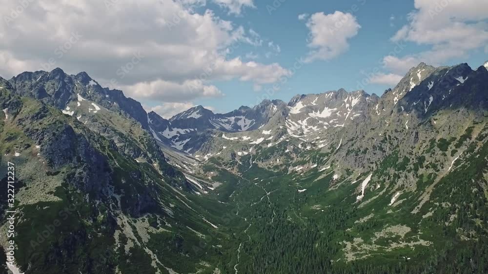 Aerial drone view of Rysy from the High Tatras of Slovakia. Trekking Hiking trail through the forest. Aerial drone view of Rysy from the High Tatras of Slovakia. Trekking Hiking trail through the forest.