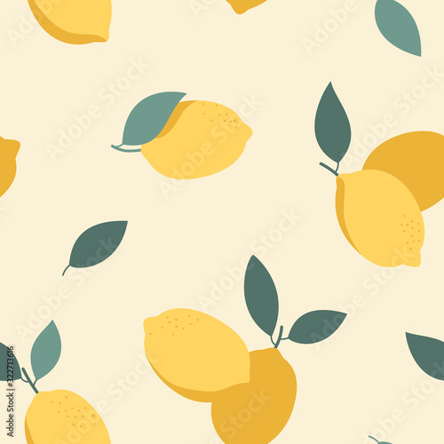 Seamless food pattern with yellow lemons and green leaves of pastel colors. Citrus fruits trendy hand drawn texture. Vector background for paper, cover, fabric, interior decor.
