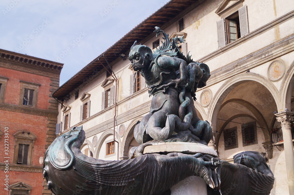 Fountain of the sea monsters in Piazza Santissima Annunziata in Florence, Italy