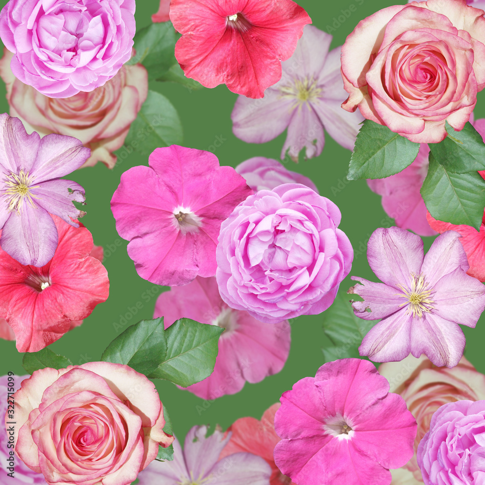 Beautiful floral background of roses, petunias and clematis. Isolated