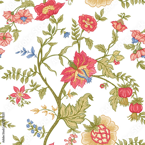 Seamless pattern with stylized ornamental flowers in retro, vintage style. Jacobin embroidery. Colored vector illustration isolated on white background.