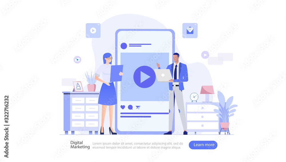 Fototapeta Video Marketing Vector Illustration Concept , Suitable for web landing page, ui, mobile app, editorial design, flyer, banner, and other related occasion