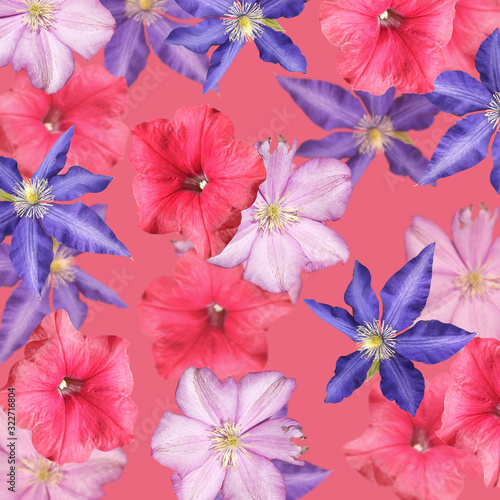 Beautiful floral background of petunia and clematis. Isolated