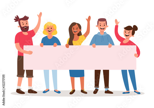 Team of five young people holding a blank banner for text. Announcement banner for advertising. Teamwork concept. Three women and two men. Flat cartoon vector illustration.
