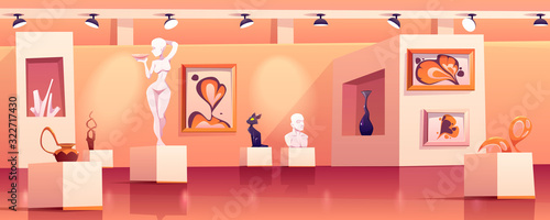 Museum with modern artworks. Art gallery interior with contemporary exhibition. Vector cartoon illustration of exposition with abstract paintings, sculptures, vase and statue