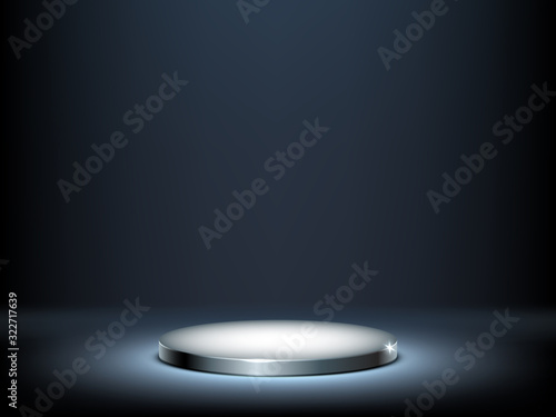Round podium, illuminated metal pedestal. Circular platform for exhibition. Vector realistic mockup of empty round stand for display award or winner, presentation platform in dark showroom