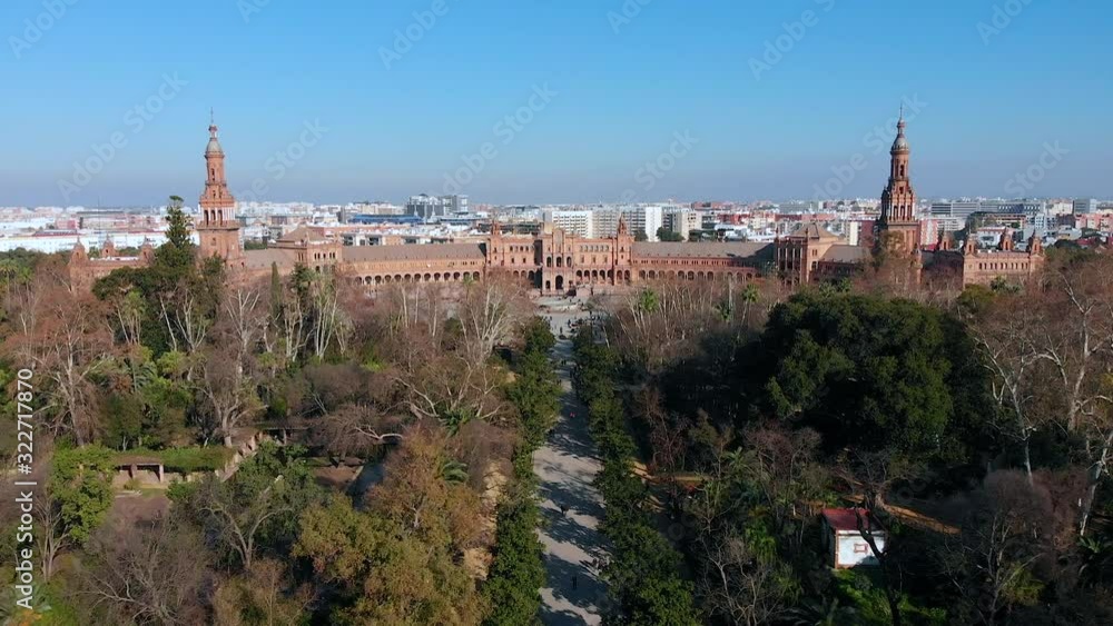 Version Two. Aerial Drone Shot of Plaza de Espana and the Parque de Maria Luisa, Seville. Version Two. Aerial Drone Shot of Plaza de Espana and the Parque de Maria Luisa, Seville.