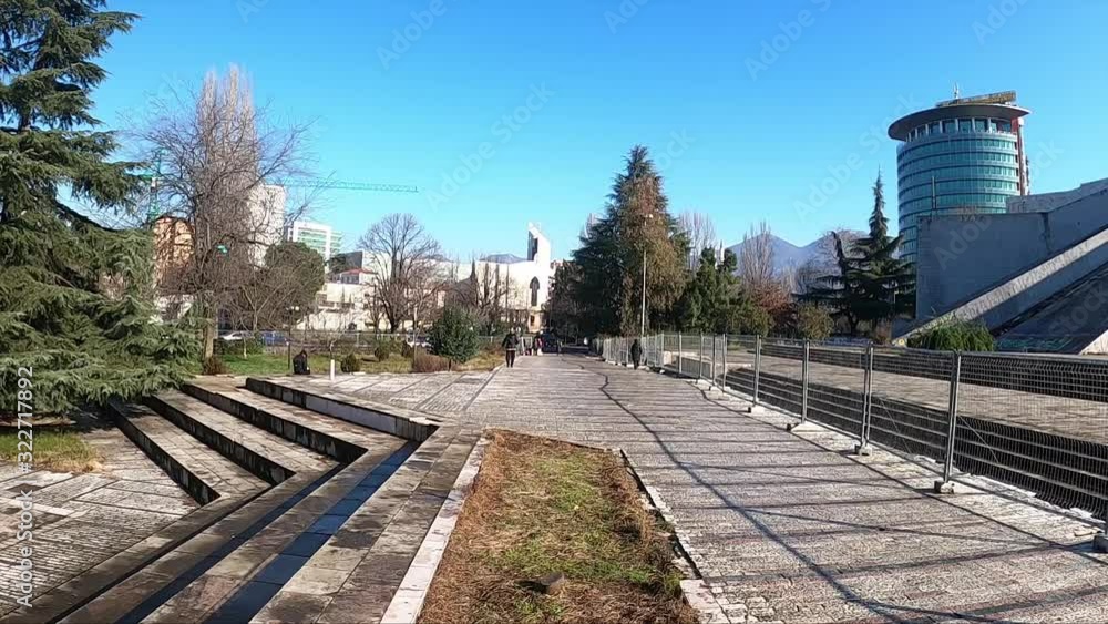 The landscape design of the beautiful Pyramid of Tirana in Albania - wide pan
