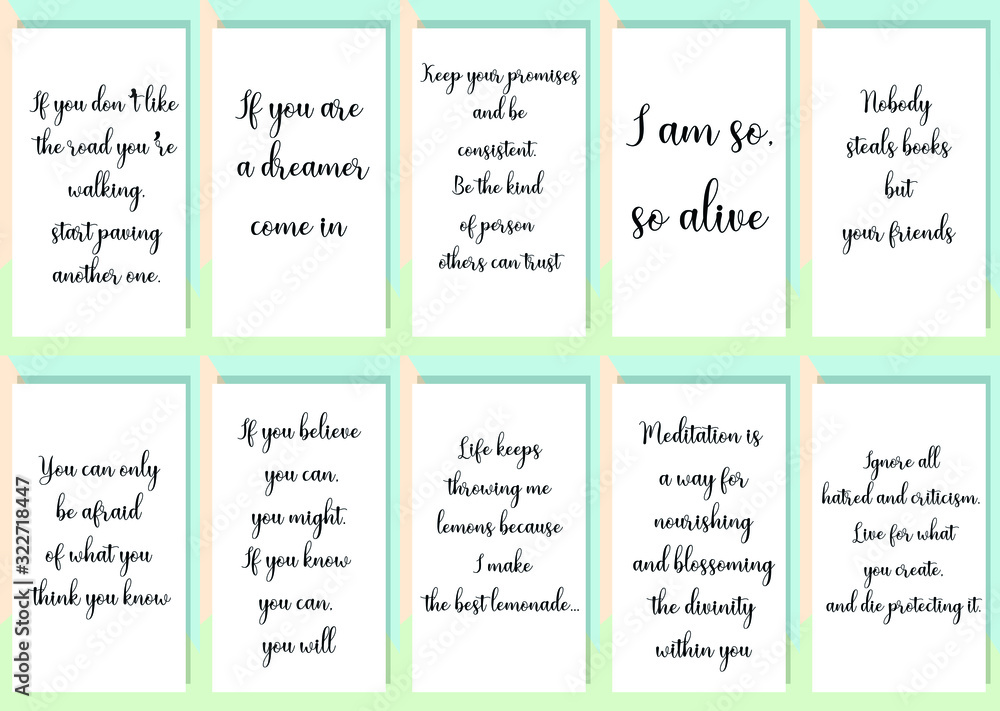Set of ready to post in social media quotes for blogger about motivation, inspiration and success. Positive sayings for every day