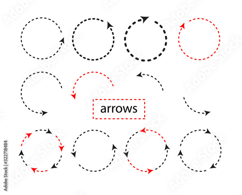 Big Set circle Arrows and directions signs. thin round line and arrow. Vector black and red isolated on white background. Easily edit the thickness of lines.
