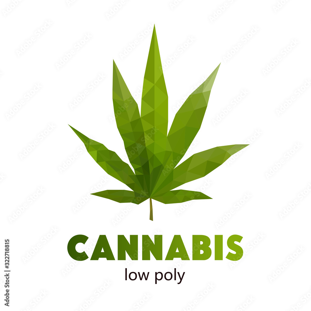 Green fresh hemp leaf. Hemp isolated. Bright and colorful leaf of marijuana in low poly Green fresh hemp leaf. Hemp isolated. Bright and colorful leaf of marijuana in low poly