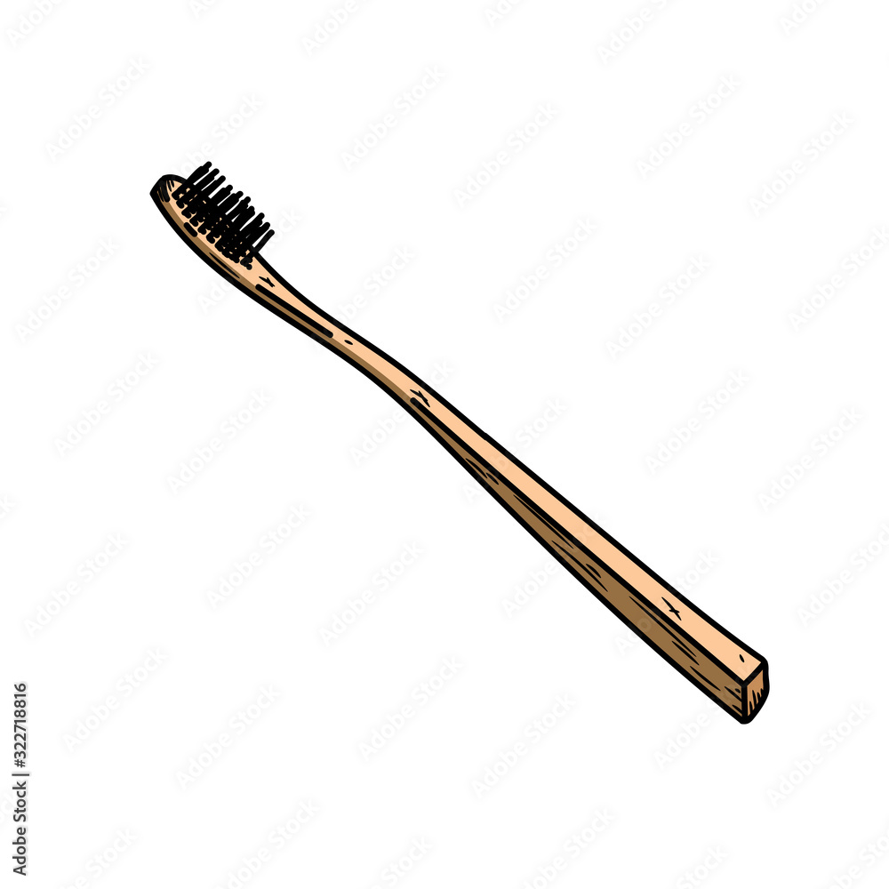 illustration in ink hand drawn style.Isolated on a white background, there's room for text.Toothbrush made of brown bamboo illustration in ink hand drawn style.Isolated on a white background, there's room for text.Toothbrush made of brown bamboo