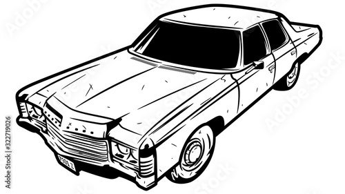 Illustration in ink hand drawn style. Old and powerful car in perspective. Isolated on a white background. Logo or board for auto repair shop