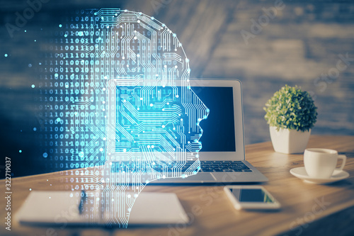Double exposure of work table with computer and brain sketch hologram. Brainstorming concept.