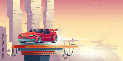 Red robot car with silhouette of transformer on background of futuristic cityscape. Vector cartoon illustration of cyberpunk landscape of town with skyscrapers and guard character in vehicle form