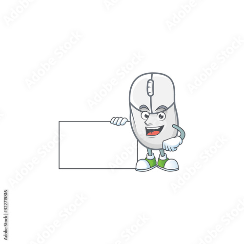 Cute funny white mouse cartoon character having a board