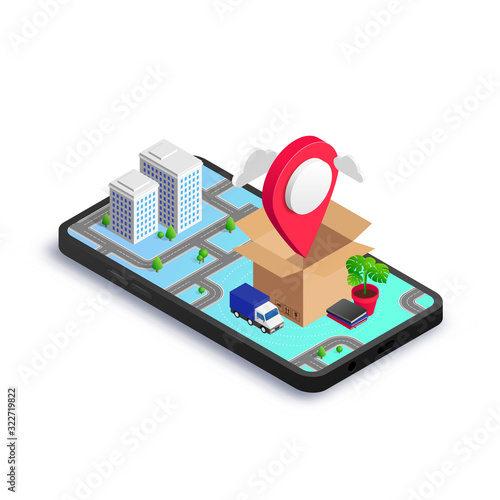 Isometric box with map pointer, van and home furniture on smartphone screen with 3D city map. Relocation service app, transport company, moving to new house or office concept. Vector illustration
