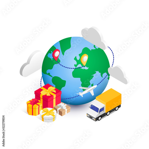 Global logistics gift delivery service isometric concept. 3d planet with van, presents, ponter, clouds and airplane around. World shipping vector Illustration photo