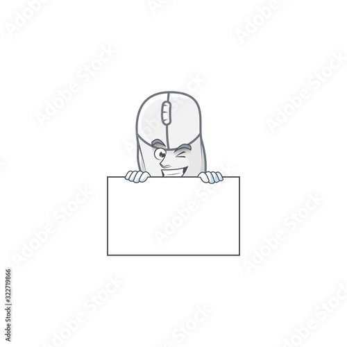 White mouse cartoon character with funny face hides behind a board