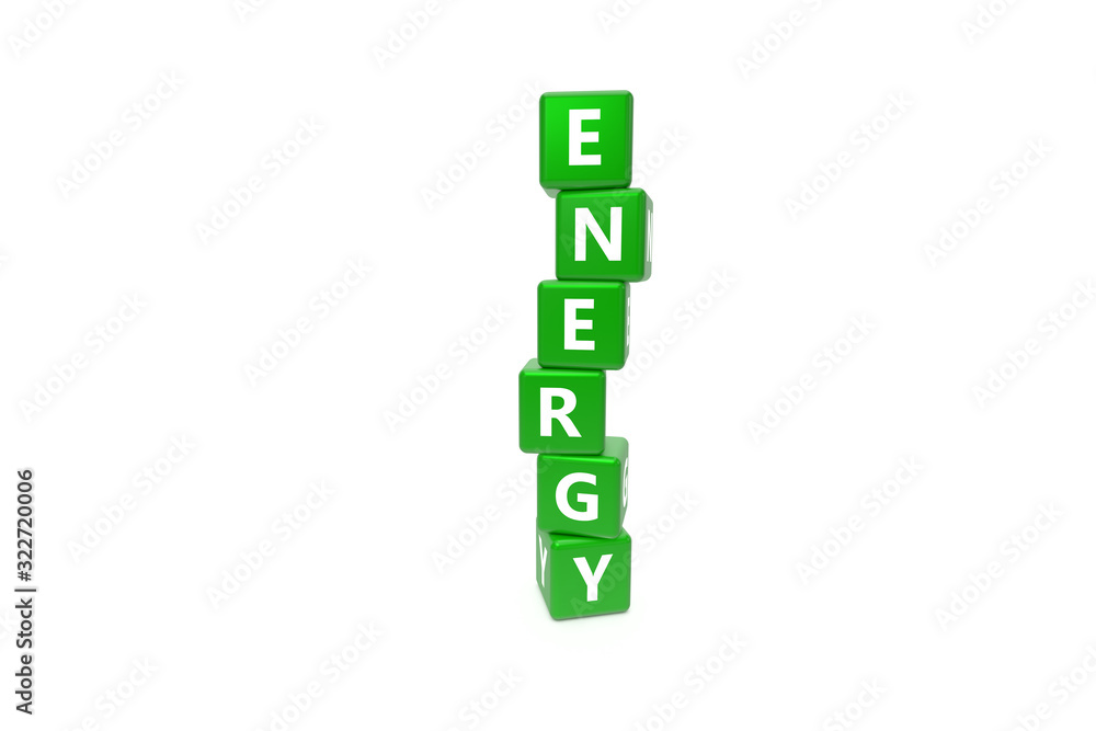 3D Rendering Energy Text on Green Square Boxes 3D Rendering Energy Text on Green Square Boxes