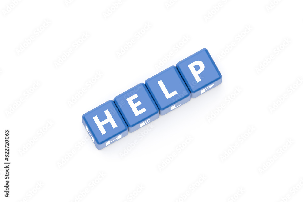 3D Rendering Help Text on Blue Square Boxes 3D Rendering Help Text on Blue Square Boxes