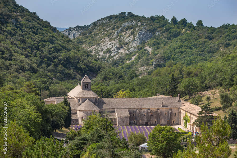 View from the road above the Abbaye de Senanque, famous for it's fields of lavender and located near Gordes in Provence