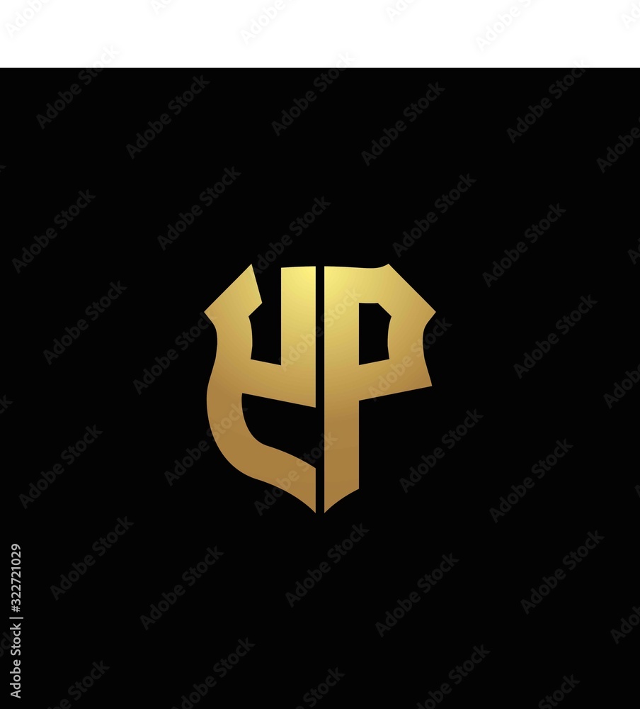 YP logo monogram with gold colors and shield shape design template ...