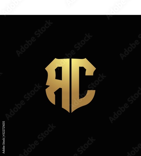 RC logo monogram with gold colors and shield shape design template