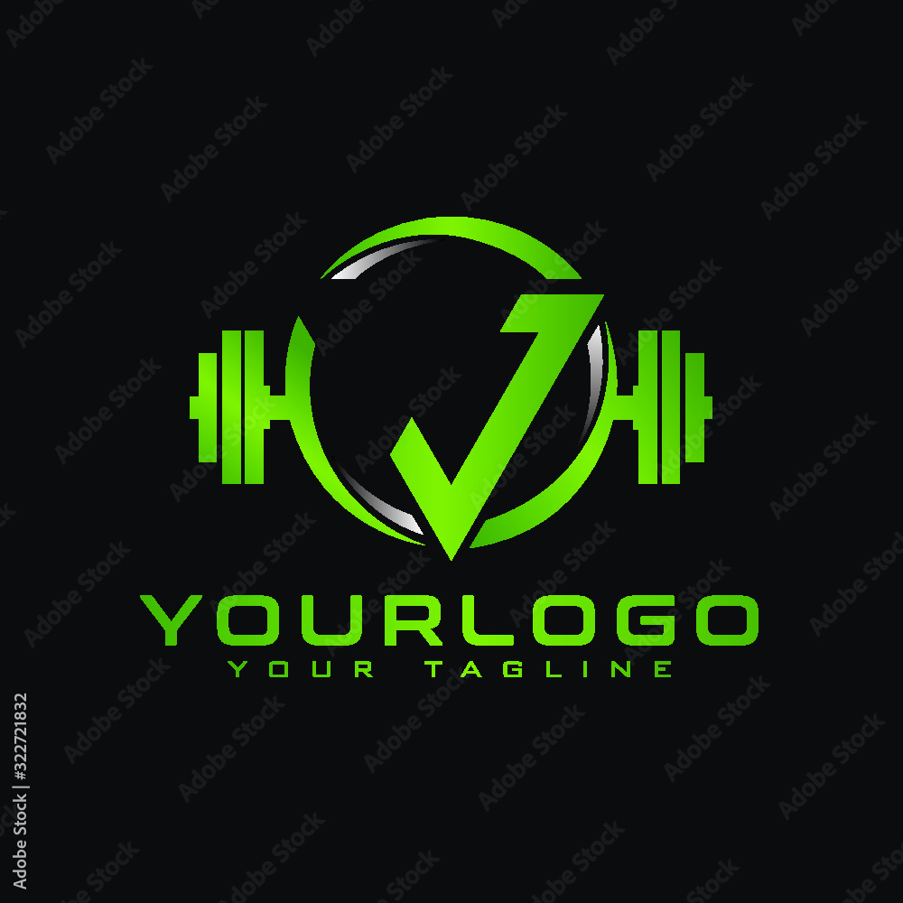 J Initial letter fitness logo in triangle shape combined with dumbbell J Initial letter fitness logo in triangle shape combined with dumbbell