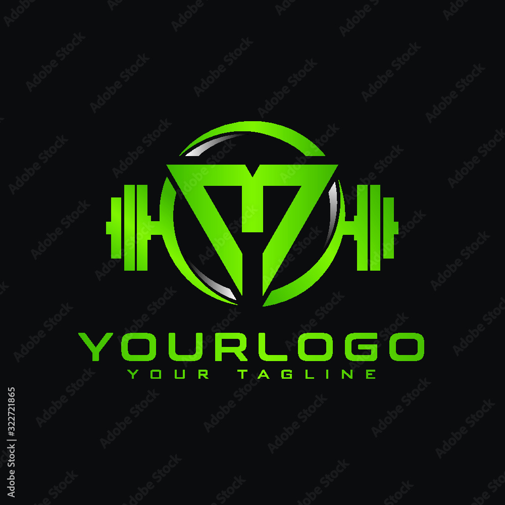 Obraz premium M Initial letter fitness logo in triangle shape combined with dumbbell