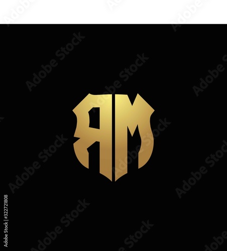 RM logo monogram with gold colors and shield shape design template