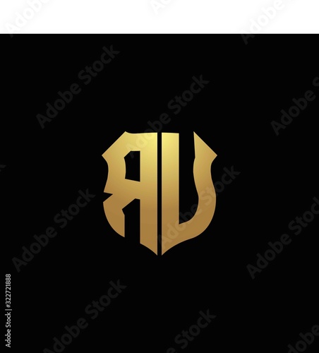 RU logo monogram with gold colors and shield shape design template
