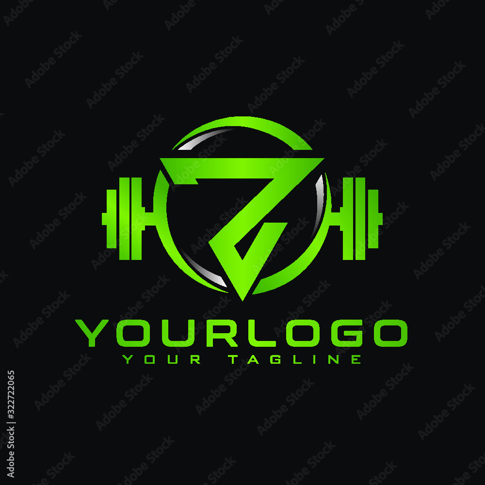 Obraz premium Z Initial letter fitness logo in triangle shape combined with dumbbell