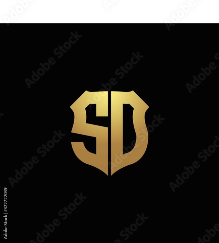 SD logo monogram with gold colors and shield shape design template