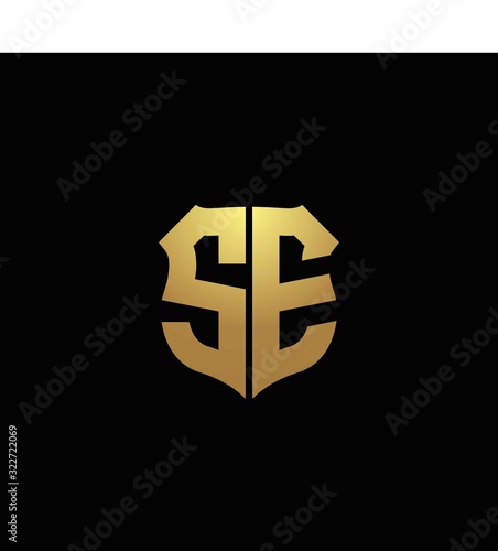 SE logo monogram with gold colors and shield shape design template