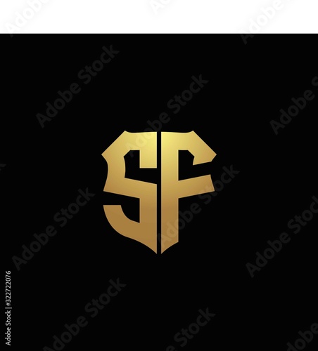 SF logo monogram with gold colors and shield shape design template