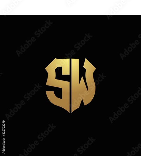 SW logo monogram with gold colors and shield shape design template