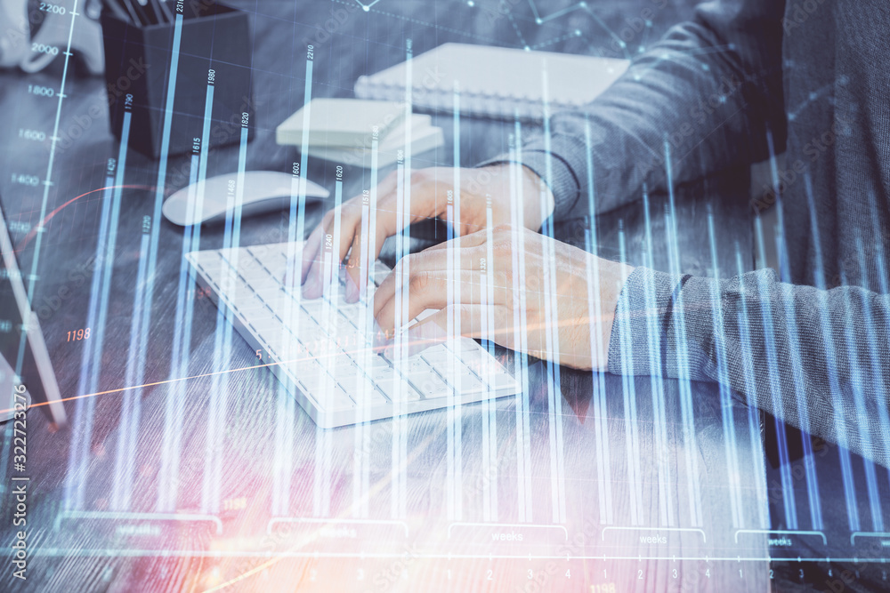 Multi exposure of financial graph with man works in office on background. Concept of analysis. Multi exposure of financial graph with man works in office on background. Concept of analysis.
