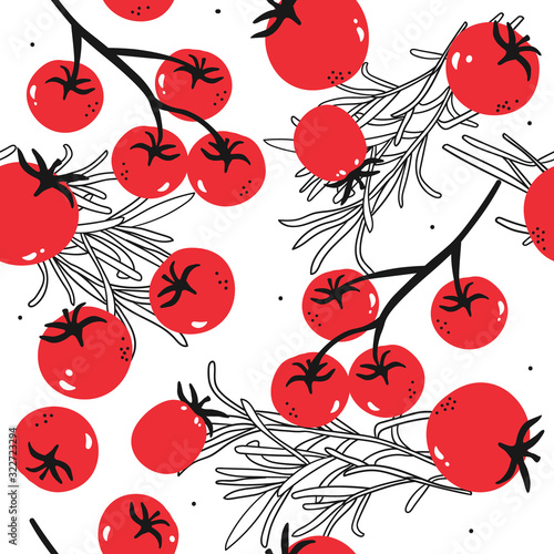 Fresh tomatoes, hand drawn seamless pattern. Overlapping background, vegetables vector. Colorful illustration with food. Decorative wallpaper, good for printing. Design backdrop, tomato