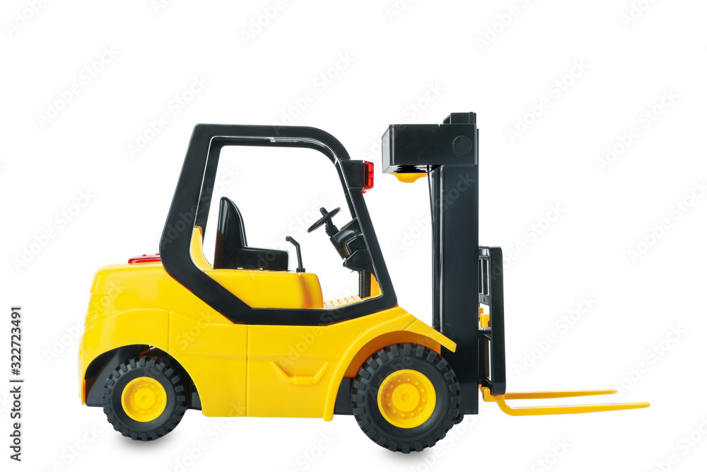 Toy forklift isolated on white. Logistics and wholesale concept