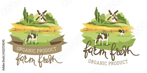Logotype for farm product / Vector illustration, fields and meadows with cow and mill